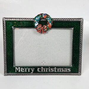 Sunflower Designs Enamel Pewter Picture Frame Christmas Green Wreath 4x6 Photo